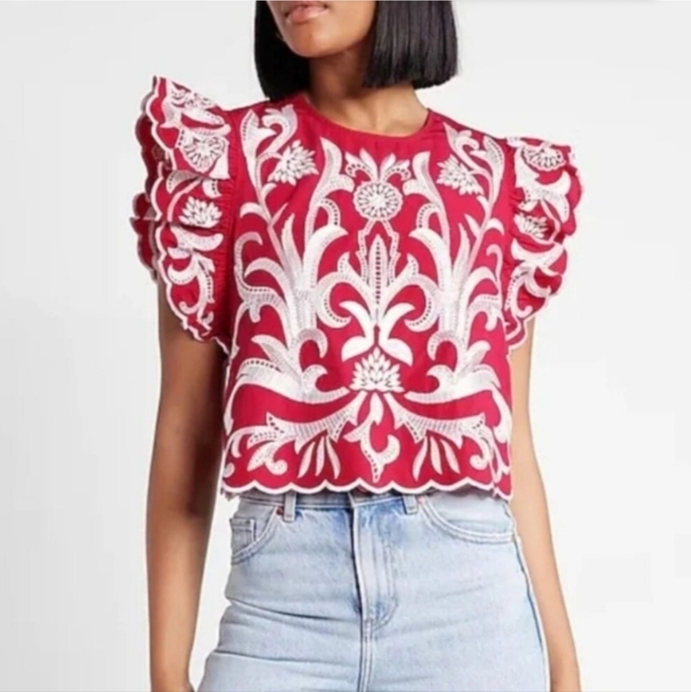 EXPRESS EMBROIDERED RUFFLE SLEEVE Cropped Cotton TOP Fuschia PINK Women's LARGE